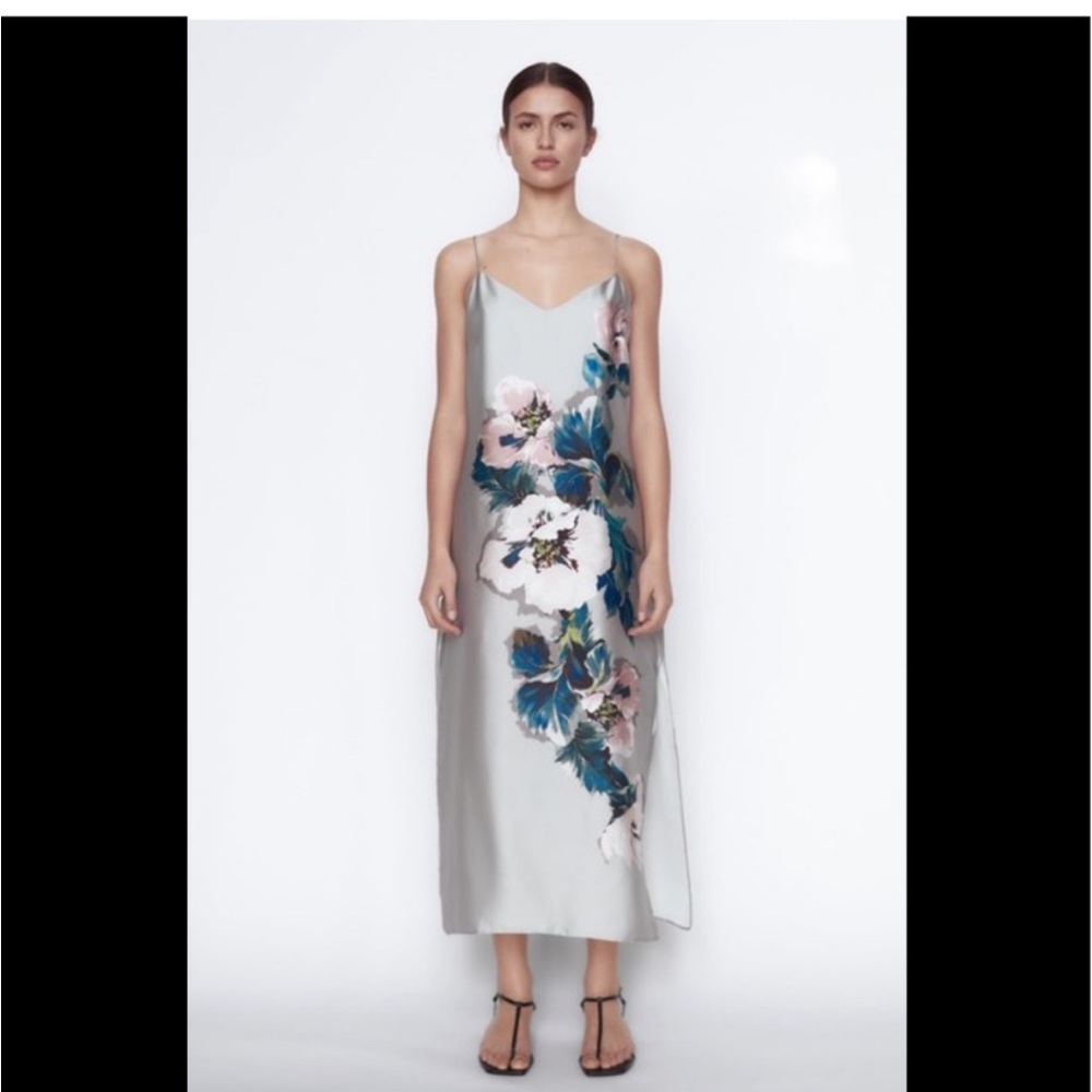 Gorgeous hand painted floral print satin slip dress with eyelet buttons